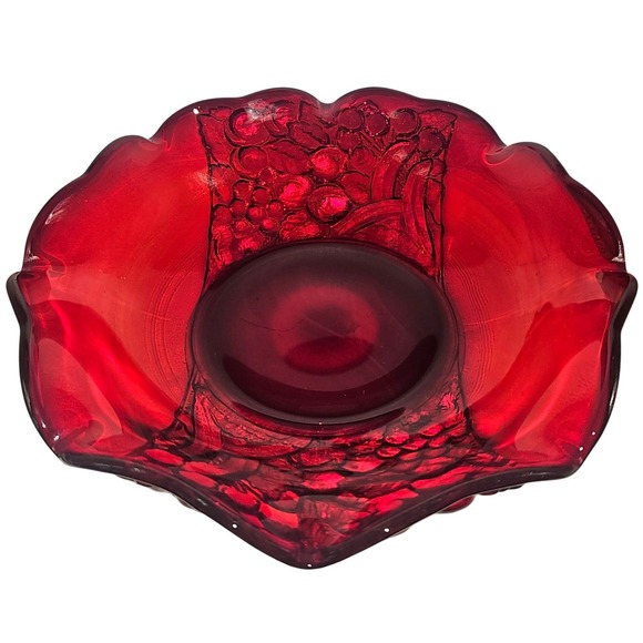 Other - VTG Indiana Glass Deep Ruby Red Glass Ruffled Collar Fruit Bowl Cadmium Glow